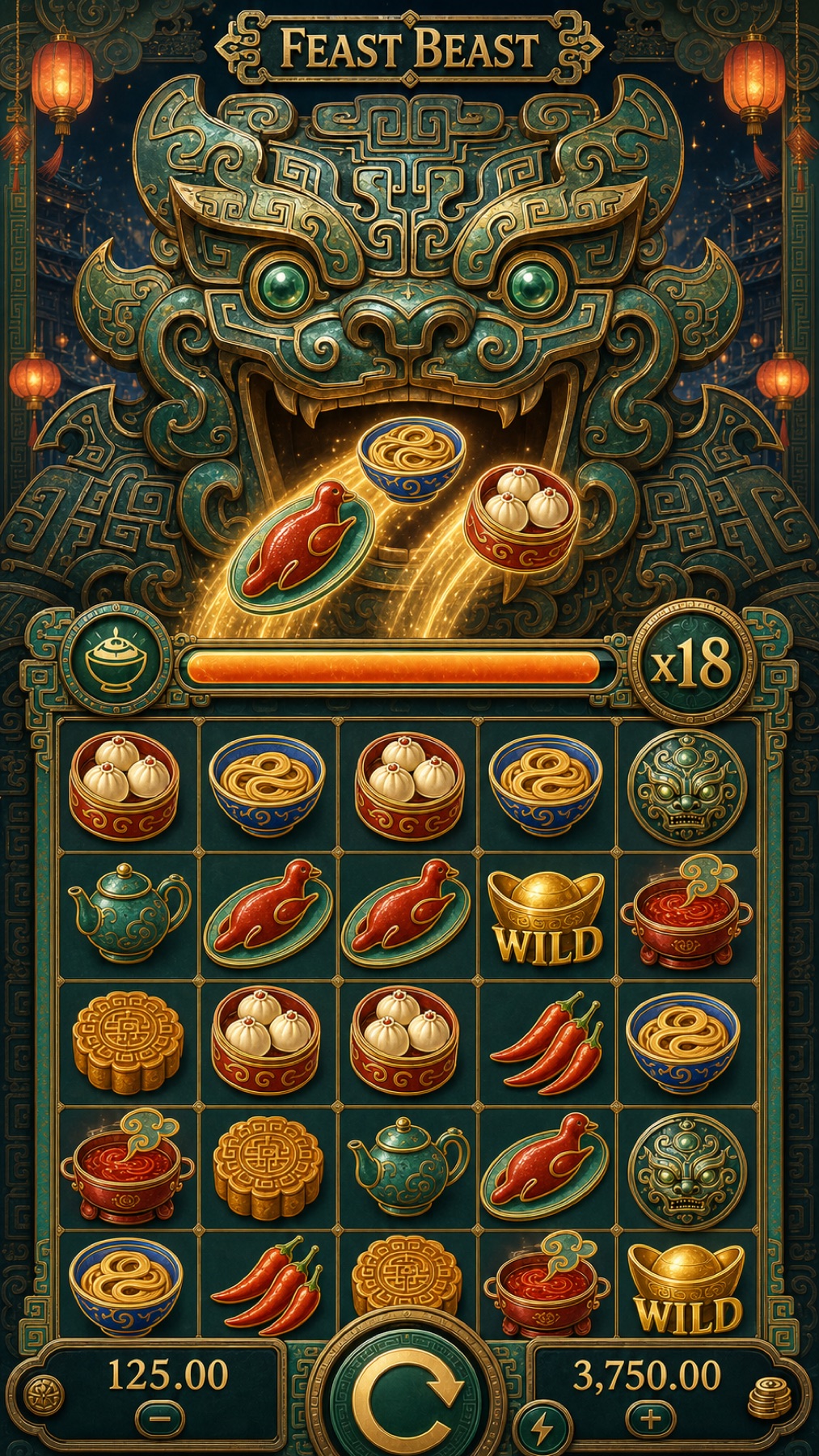 Feast Beast slot game concept featuring a jade guardian and food symbols